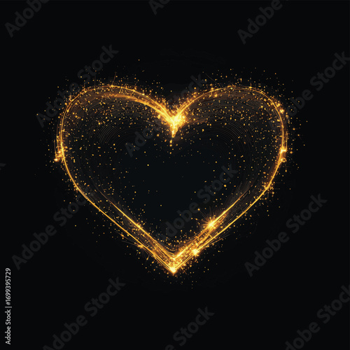Abstract gold heart made of lines, stars isolated on black background. Precious love, values concept , vector style simple color