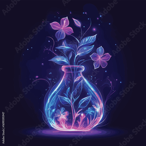 Aromatherapy concept with aroma sachet with flowers in futuristic glowing style on dark purple , vector style simple color