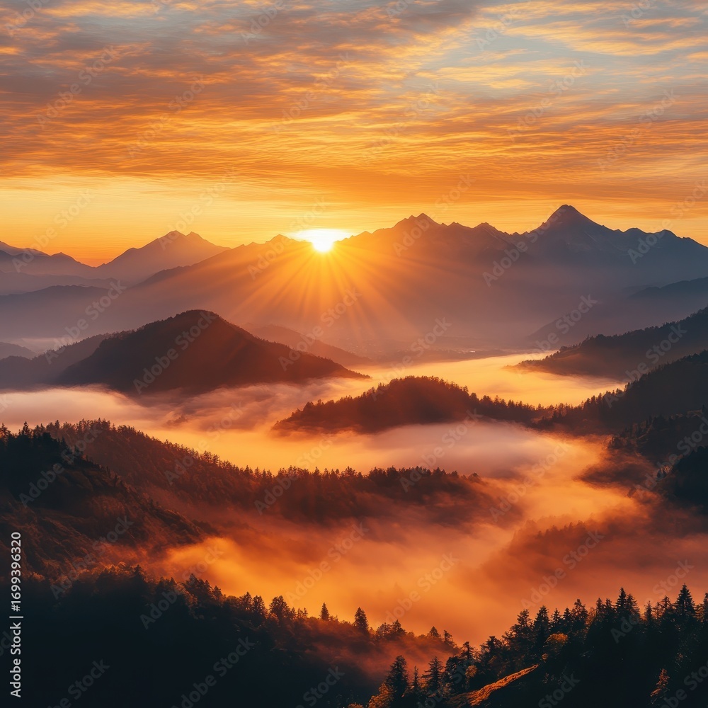 Obraz premium Mountaintop sunset concept. Breathtaking sunrise over misty mountains with vibrant colors and dramatic clouds.