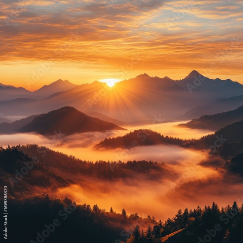 Wallpaper Mural Mountaintop sunset concept. Breathtaking sunrise over misty mountains with vibrant colors and dramatic clouds. Torontodigital.ca