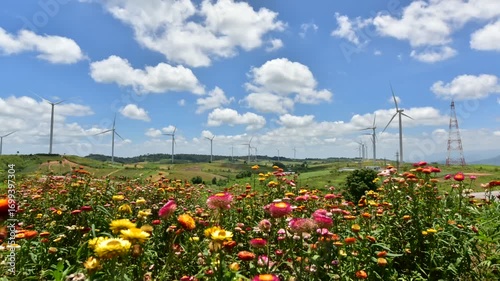 Eco power, wind turbines, producing green energy.