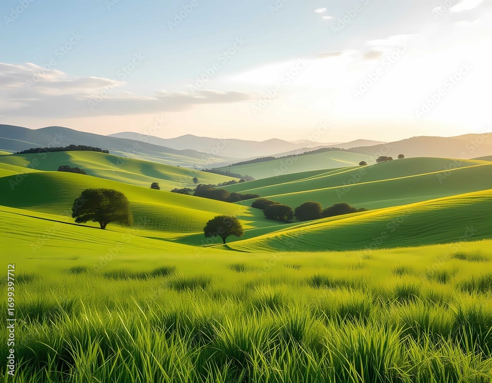 Fototapeta premium Trees, hills, and farmland create serene, vibrant, and natural landscape.