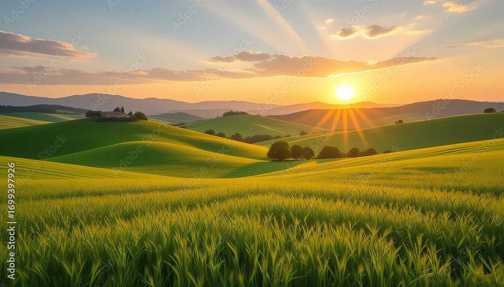 Obraz premium Green fields and countryside create calm, peaceful, stunning natural view