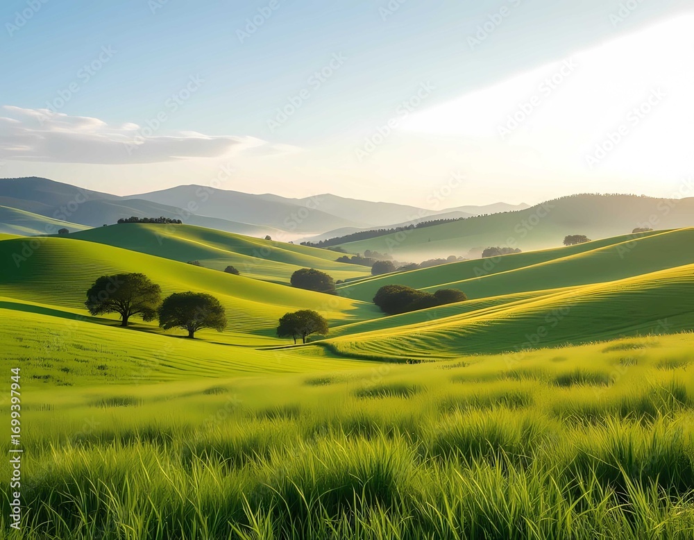 Obraz premium Morning light on grassy meadow create beautiful and tranquil atmosphere