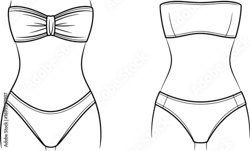 Vector illustration of women bikini fashion template, front and back view, swimwear design, lingerie style, summer beachwear apparel mockup