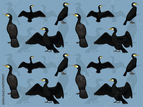 Great Cormorant Cartoon Character Seamless Wallpaper Background