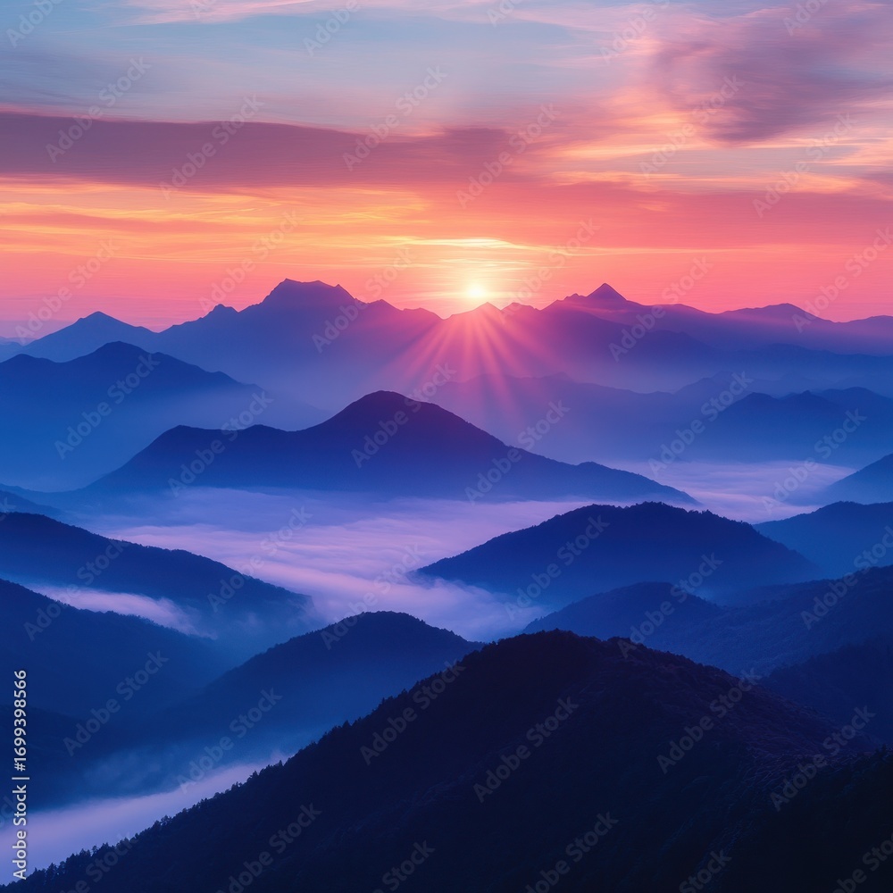 Fototapeta premium Mountaintop sunset concept. Majestic sunrise over misty mountains with vibrant colors and layered peaks.