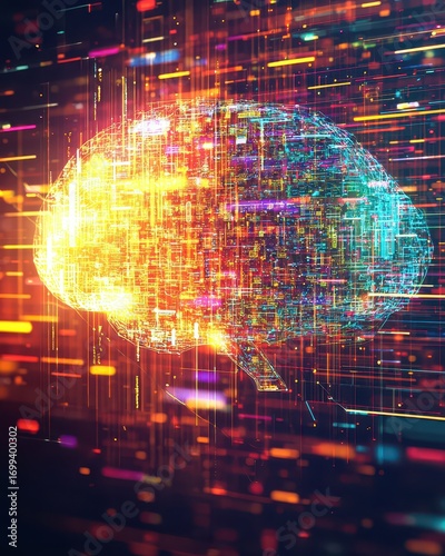 Colorful digital brain illustration with abstract data visualization