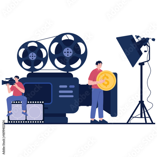 Video Production Illustration. Vector illustration of Crew works around a vintage movie camera and studio lights, symbolizing film production finance and budgeting. Isolated on background