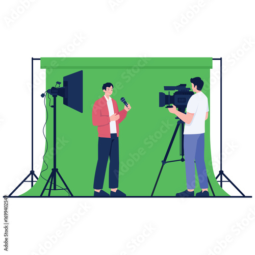 Video Production Illustration. Vector illustration of A host speaks into a microphone before a green screen while a cameraman records under softbox lights for broadcast content. Isolated on background