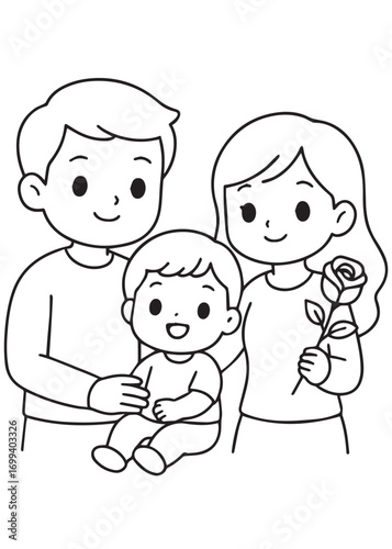 coloring book parents holding baby with rose in Valentine moment