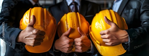 business people team wearing suits and holding construction helmets with thumbs up