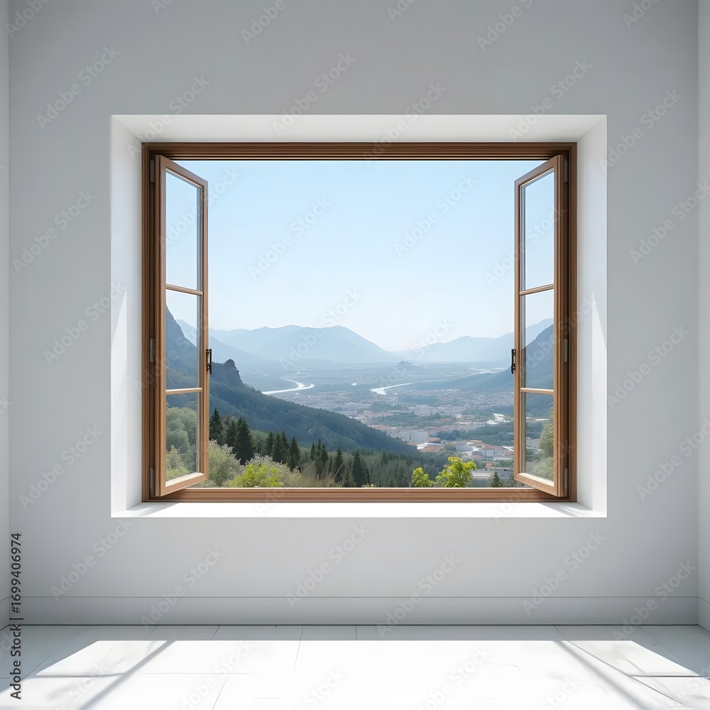 Fototapeta premium Panoramic Scenic View from Open Window on White Background