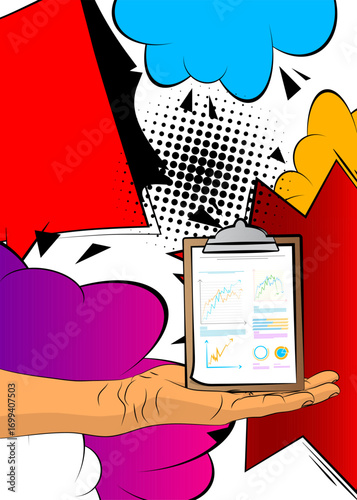 Cartoon, comic book human hands holding business report. Retro vector comics pop art design.