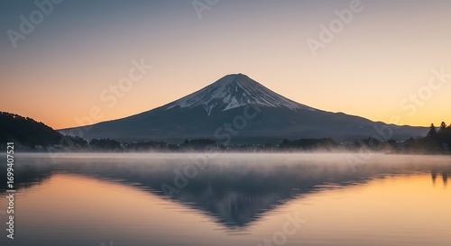 Majestic Mount Fuji reflected in a misty lake at sunrise, Japan