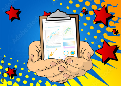 Cartoon, comic book human hands holding business report. Retro vector comics pop art design.