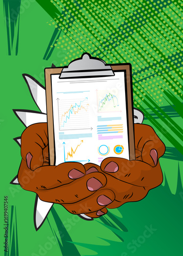 Cartoon, comic book human hands holding business report. Retro vector comics pop art design.