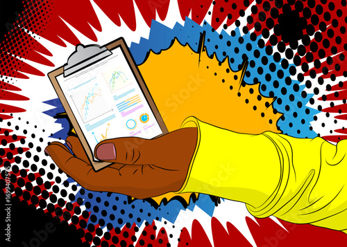 Cartoon, comic book human hands holding business report. Retro vector comics pop art design.
