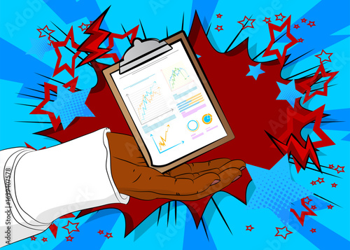 Cartoon, comic book human hands holding business report. Retro vector comics pop art design.