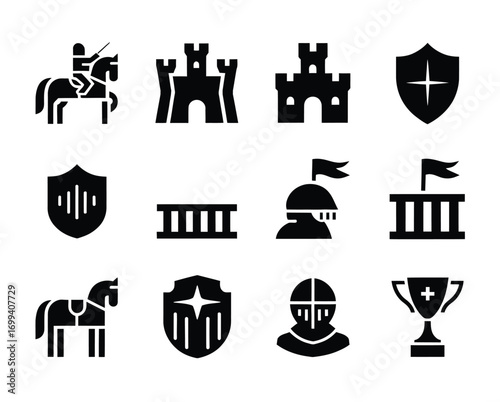 Equestrian Icons Set – Horse Racing Vector Illustration with Minimal Black Line Style of Jockeys, Saddles, Horses, Whips, Helmets, Trophies, Medals, Training Equipment, Flags, Competition Elements