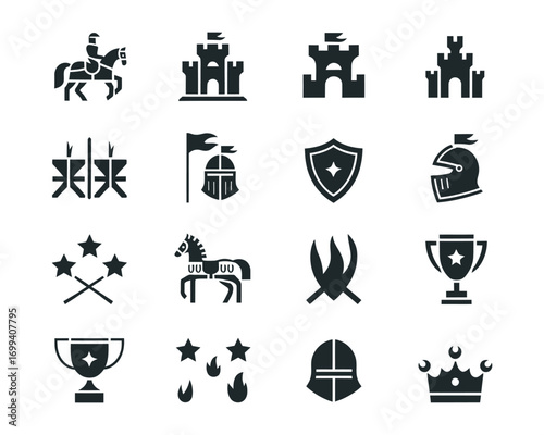 Equestrian Sport and Horse Racing Outline Icon Set – Minimal Vector Illustration Featuring Jockeys, Saddles, Horses, Helmets, Whips, Trophies, Flags, Riding Gear, Competition, Training, Silhouette Ele