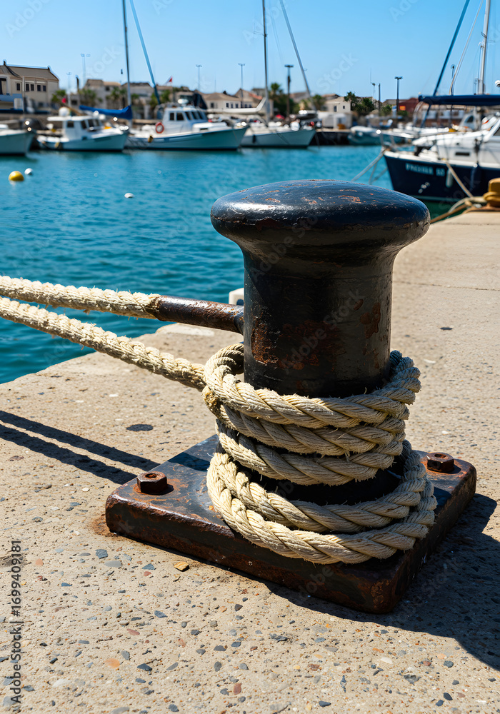 Fototapeta premium Boat Mooring Bollard at Marina with Rope