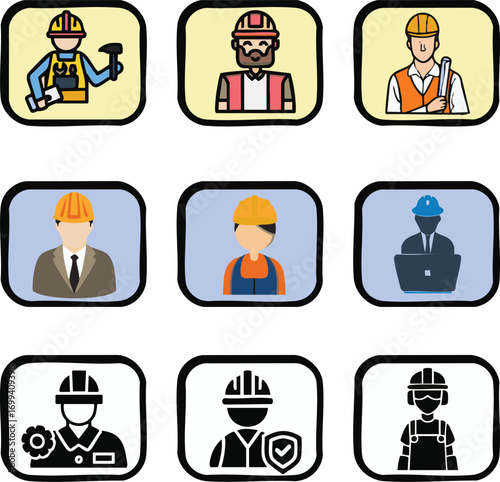Diverse construction workers icons, showcasing varied professions in the building industry for