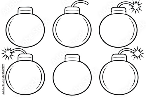 Round bombs with fuses and explosions cartoon drawing
