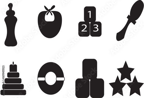 Baby Rattle silhouette,Toys, Playtime icons.