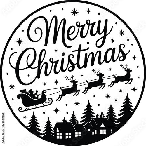 Merry Christmas festive illustration, Santa sleigh reindeer silhouette, winter village night scene, snowflakes stars holiday design, black white circular artwork
