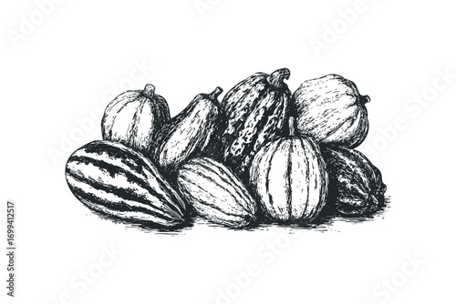 Sketch of assorted squash and gourds arranged on a white surface. Vector hand drawn illustration