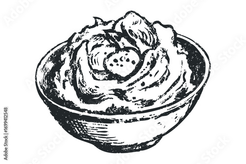Hand Drawn Ink Bowl of Whipped Cream with Strawberry. Vector hand drawn illustration