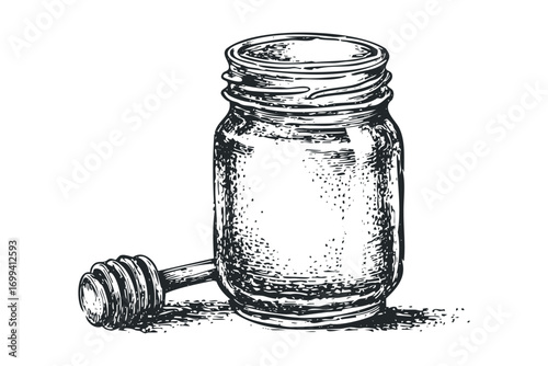 Jar with honey dipper transparent background. Vector hand drawn illustration