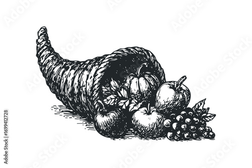 Hand drawn cornucopia overflowing with fruits and vegetables on transparent background. Vector hand drawn illustration