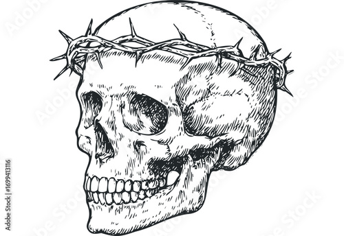 Human skull with crown of thorns isolated on white. Vector hand drawn illustration