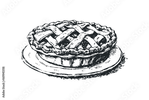 Hand drawn sketch of a pie on a plate. Vector hand drawn illustration