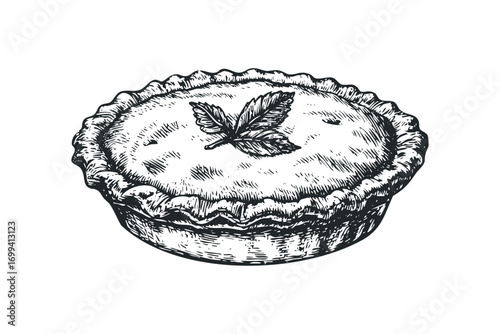 Hand drawn pie with leafy garnish on transparent background. Vector hand drawn illustration