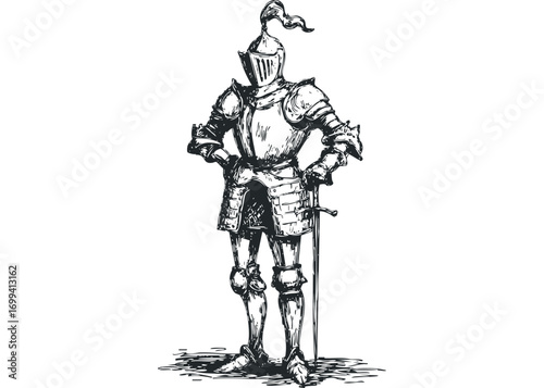 Sketch of a Medieval Knight in Full Armor with Sword. Vector hand drawn illustration