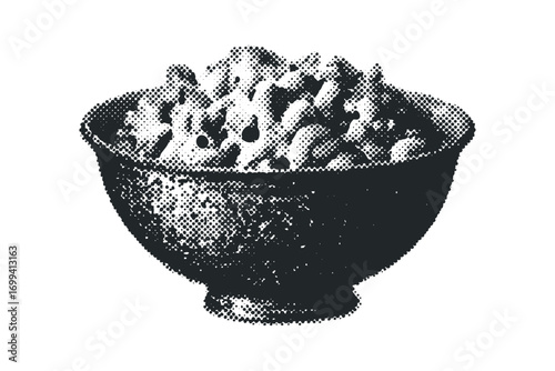 Halftone style image of popcorn in a bowl on transparent background. Vector hand drawn illustration
