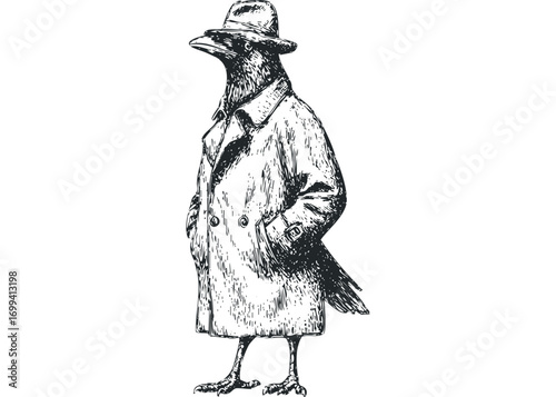 Drawn crow character in trench coat and hat. Vector hand drawn illustration
