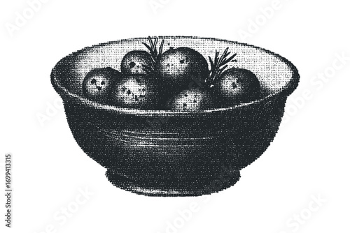 Bowl of olives with herbs on transparent background. Vector hand drawn illustration