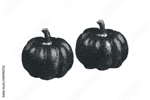 Two pumpkins rendered with stippling technique on transparent background, isolated. Vector hand drawn illustration