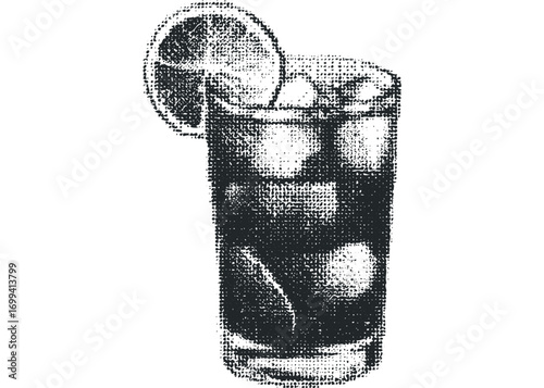 Halftone style graphic of a tall glass filled with ice and a dark beverage, garnished with a citrus slice. Vector hand drawn illustration