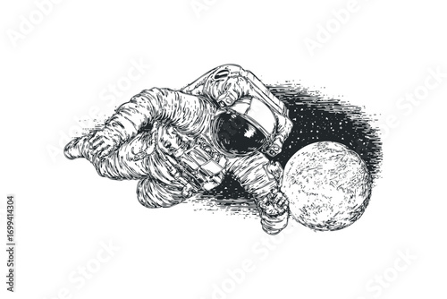 Astronaut reaching for moon on transparent background image. Vector hand drawn illustration