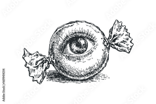 Surreal candy with human eye on transparent background. Vector hand drawn illustration
