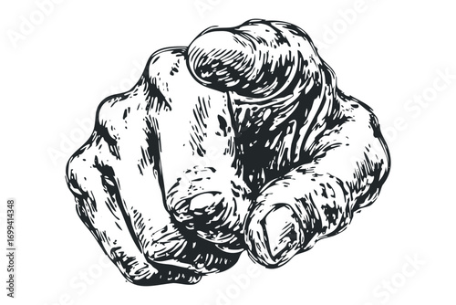 Hand pointing finger isolated on transparent background, graphic representation of accusatory gesture. Vector hand drawn illustration