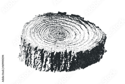 Cross section tree trunk with rings and bark texture on transparent background. Vector hand drawn illustration