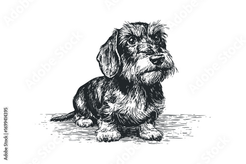 Wirehaired Dachshund puppy sitting pose, sketch drawing,. Vector hand drawn illustration