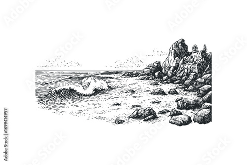 Rocky coastline with crashing waves and distant clouds in a linocut style. Vector hand drawn illustration