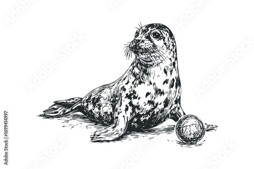 Detailed sketch of a playful seal pup with a ball on a transparent background. Vector hand drawn illustration